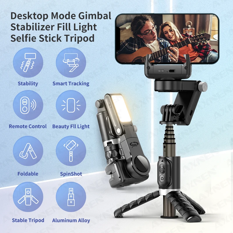 AXNEN Q18 Gimbal Stabilizer, Desktop Follow-up Mode, Smartphone Selfie Stick with Fill Light for Xiaomi Huawei iPhone Cellphones