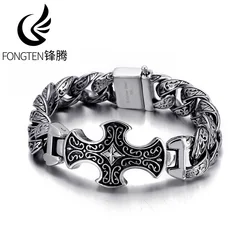 Fongten Vintage Cross Bracelet for Men Cuban Chain Stainless Steel Punk Viking Heavy Male Bangle Bracelets Fashion Jewelry