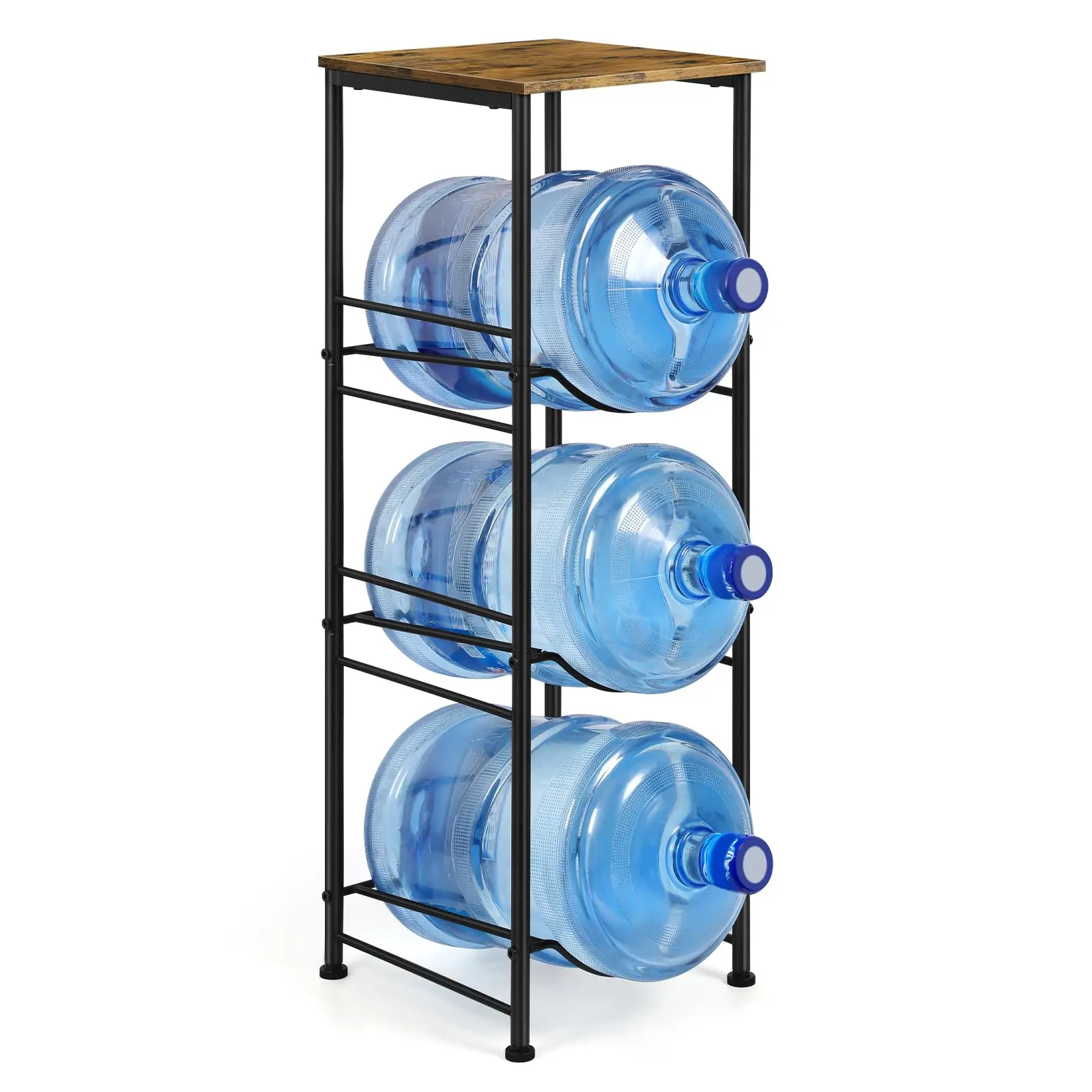 

Three-Tier Black Metal Water Bottle Rack With Wooden Top For 5 Gallon Jugs – Kitchen, Office, Living Room Storage Organizer