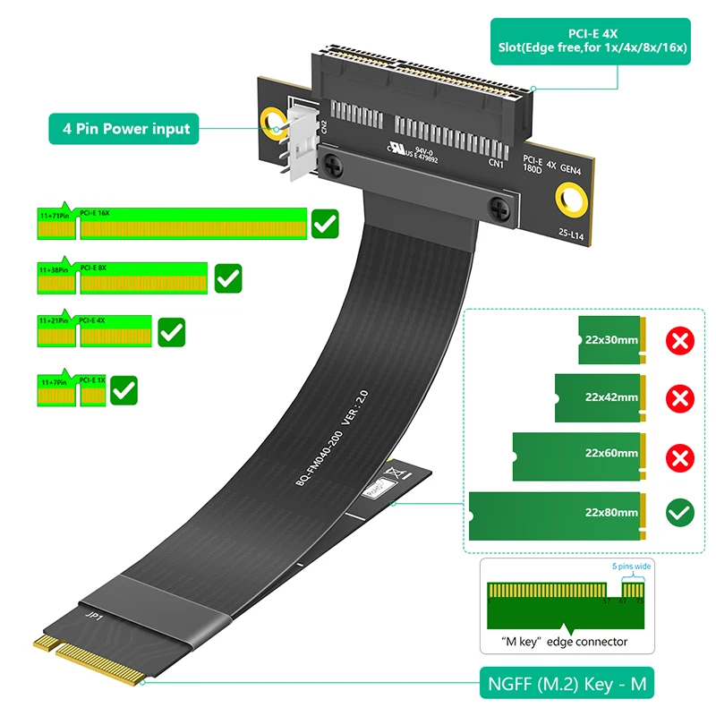 M.2 مفتاح M 4.0 إلى PCI-e 4.0 4X 180 درجة محول بطاقة الناهض تمديد كابل NVME 4.0 إلى PCIE PCI Express 4X موسع لسطح المكتب