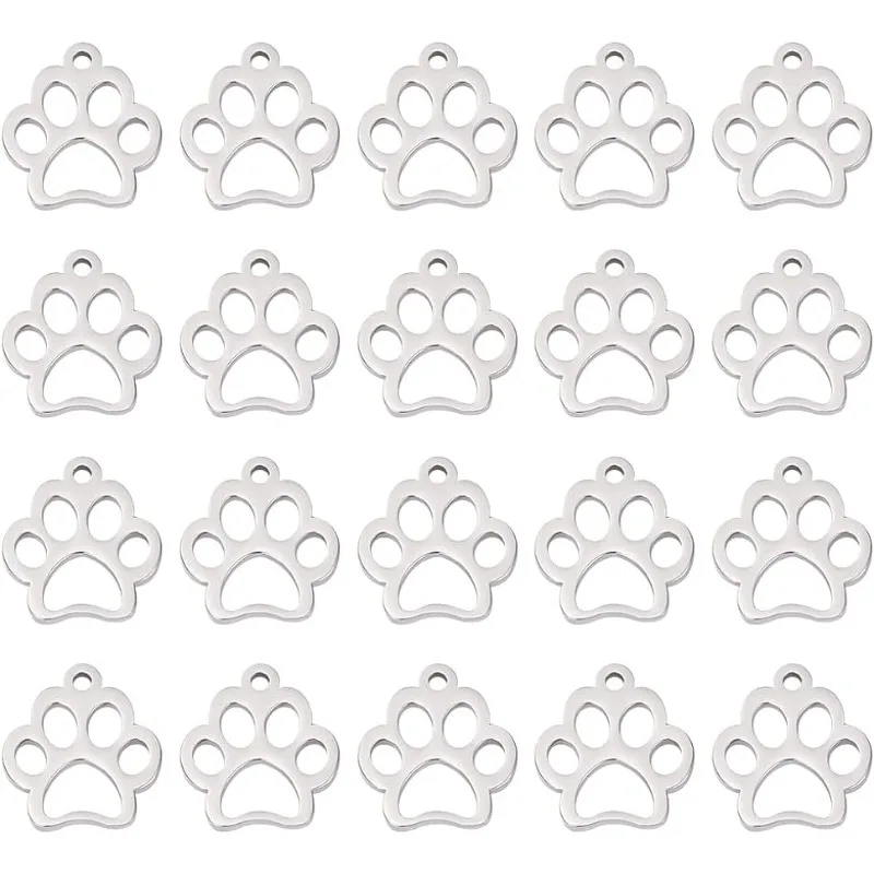 20Pcs 12.9mm Dog Paw Prints Charm Stainless Steel Pendants 1.5mm Small Hole Metal Hollow Charms for DIY Chain Jewelry Making