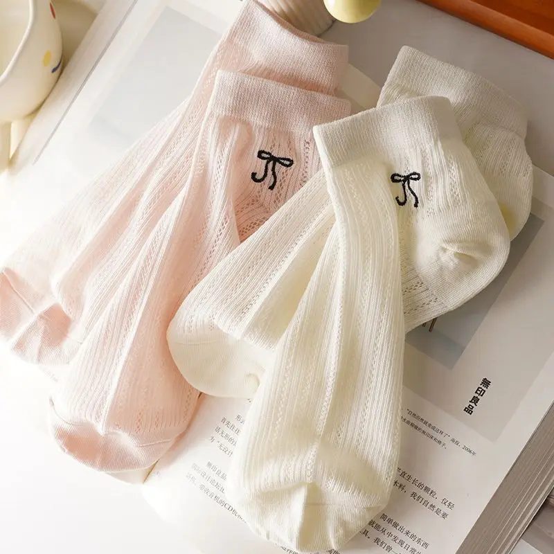 7 쌍 통기성 속이 빈 양말 얇은 메쉬 보우 캔디 컬러 미드 종아리 양말