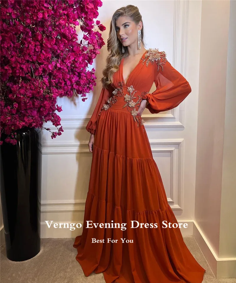 Verngo Burnt Orange Chiffon A Line Evening Dresses Long Sleeves V Neck 3D Flowers Tiered Mother Chic Formal Party Prom Gown