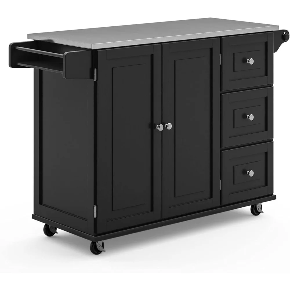 Kitchen Cart with Stainless Steel Metal Top, Rolling Mobile Kitchen Island with Storage and Towel Rack, 54 Inch Width, Black