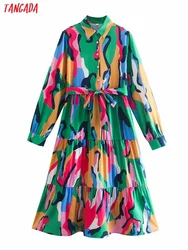 Tangada 2021 Fashion Women Green Print Shirt Dress with Slash Long Sleeve Office Ladies Midi Dress 8Y87