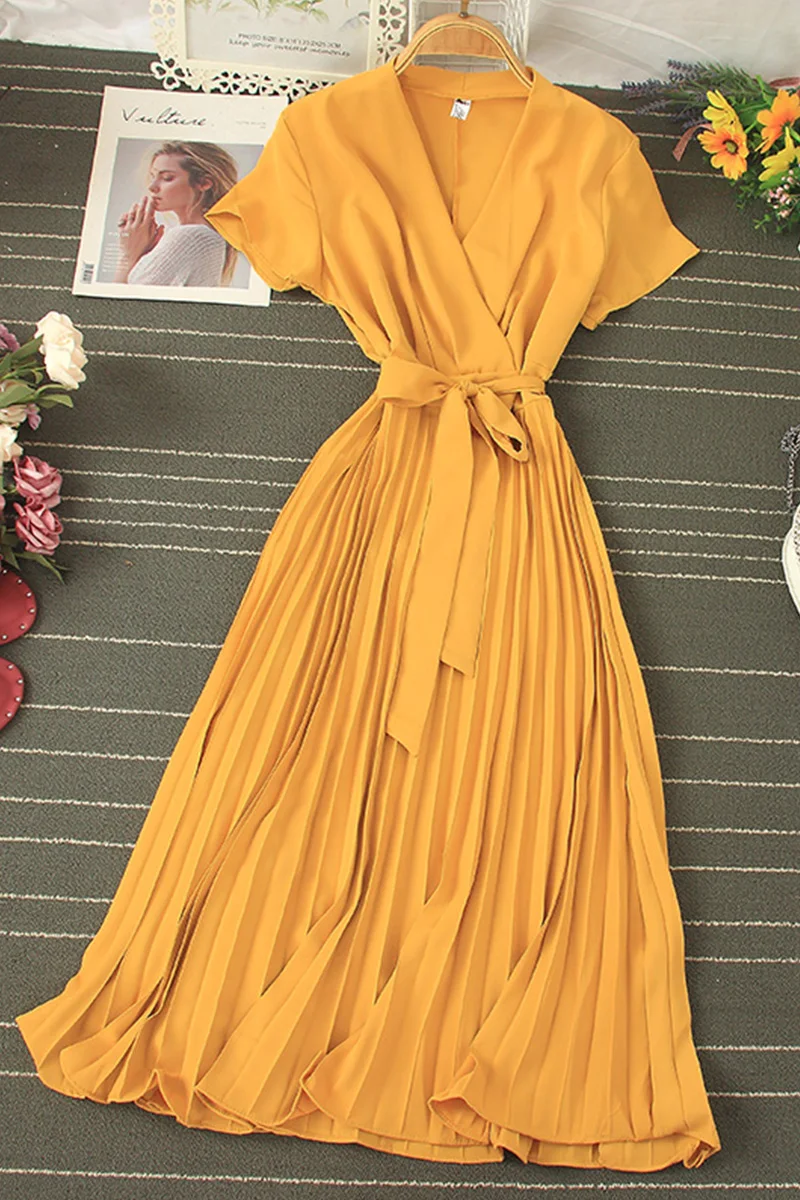 Summer Retro Chiffon Pleated Dress 2021 Women Elegant V-neck Short Sleeve Party Dress Slim Sexy Lace Up Pleated A-line Dress