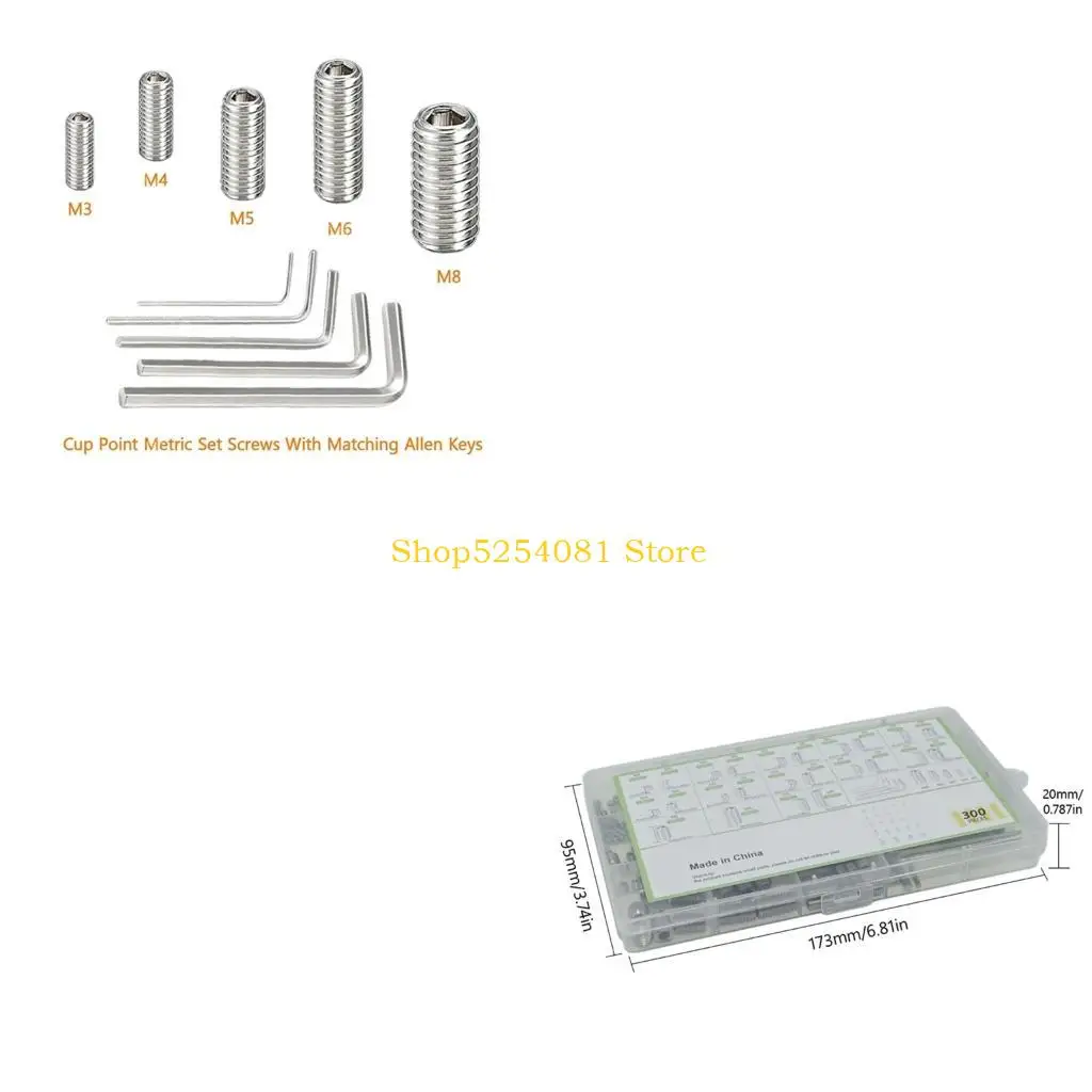 AXYC Recessed Drive Set Grub Screw Assortment with 300 Fully Threaded Fasteners in Clear Divided Storage Case for Mechanical