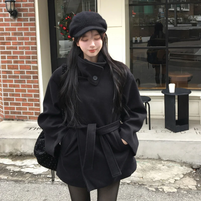 Korean Style Thickened Woolen Coat Stand Collar Waist Cinched Loose Small Size Autumn Winter Outerwear for Women Polyester Fiber