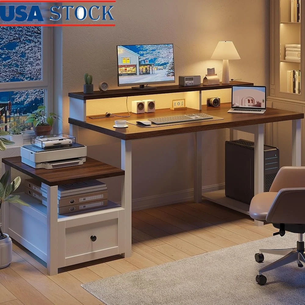 

63 Inch Farmhouse Computer Desk with Drawers Storage Power Outlets Monitor Stand Printer Space Home Office Furniture