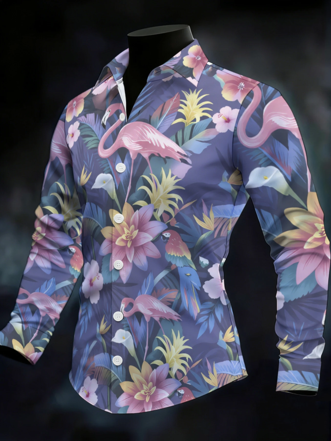 Men Long Sleeve Button Down Shirt Purple Base Flamingo Tropical Floral Print Polyester Lapel Collar Vacation