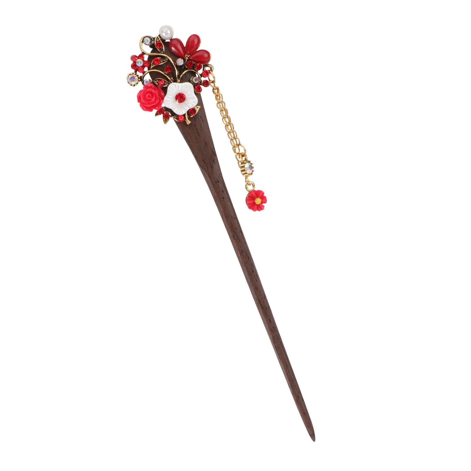 

Vintage Wooden Stick Retro Bronze Pin Traditional Flower Hairpin For Women Styling Red Lightweight Smooth Tips Headpiece Durable