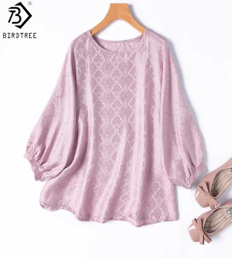

Birdtree 20MM 100% Mulberry Silk Pink Shirt,Women Jacquard Satin O-neck Lantern Sleeve Loose Blouse Tops,2025 New T57518JF