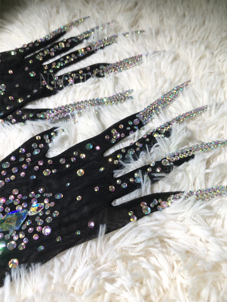 Guantes de malla de cristal brillante para baile de graduación, ropa de noche lujosa, guantes de rendimiento para escenario, Sexy