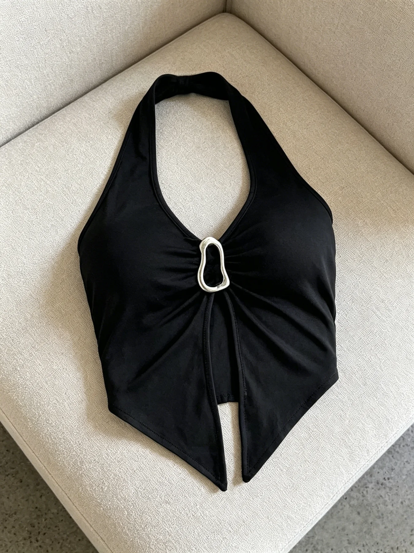 Women Halter Deep V Neck Metal Ring Ruched Cutout Irregular Hem Slim Fit Crop Cami Top 2026 Summer Goth Streetwear Solid Black C