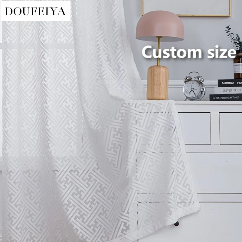 Custom Size European Jacquard Luxury Tulle Curtains for Living Room Bedroom Dining Geometric Solid Color Light Transmission