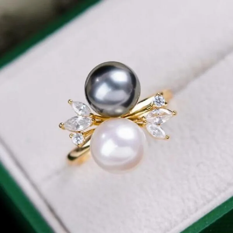 Charming AAA Nature 8-9mm Tahitian Black White Pearl Ring Women Rings Luxury Jewelry Rings for Women