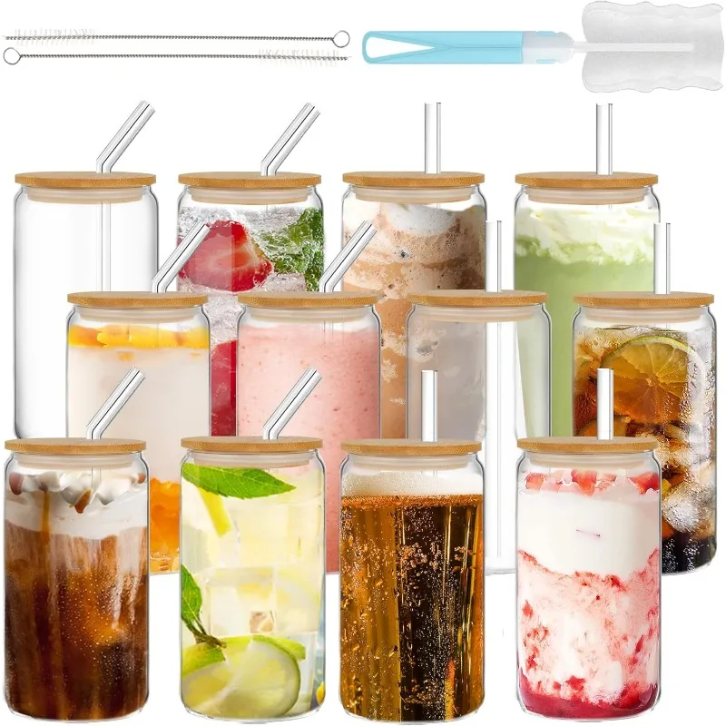 Drinking Glasses with Bamboo Lids and Glass Straw 12pcs,16oz Glass Cups with Lids and Straws,Iced Coffee Glasses