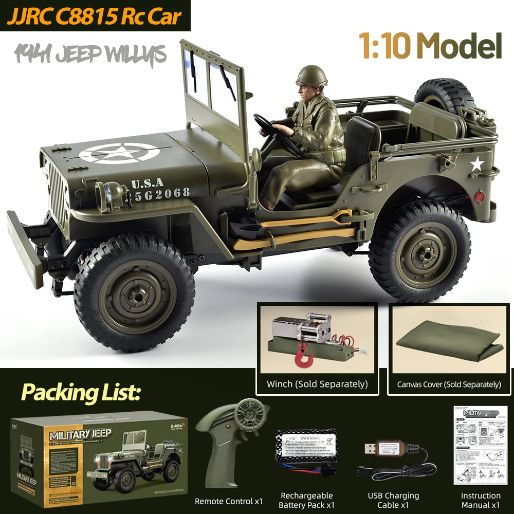 1/10 จําลองรถปีนเขา JJRC C8815 2.4G Scale รถบรรทุกทหาร Offroad รถสงครามขนส่งรีโมทคอนโทรลรถรุ่น RTR