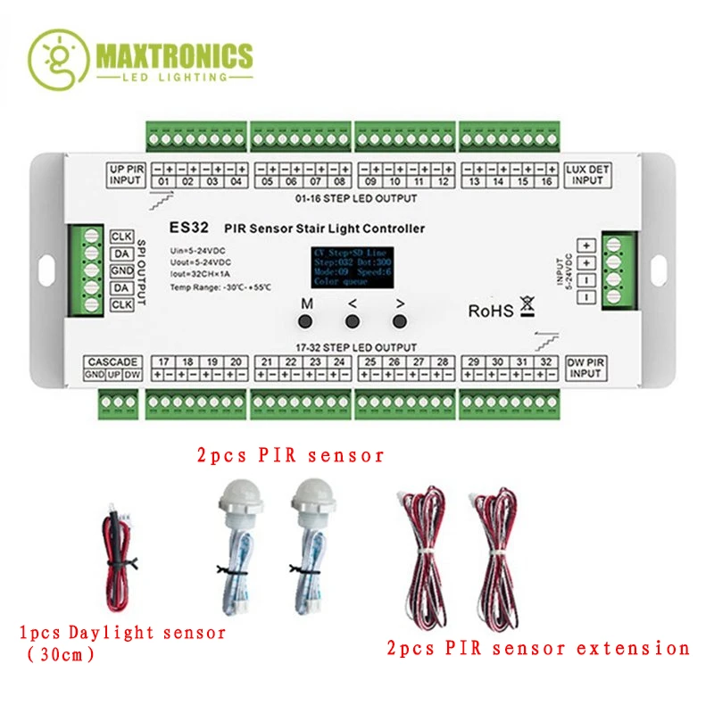32CH ES32 PIR Sensor Stair Light Controller PIR Human Body Infrared Sensor Switch Output Connected to Low Voltage LED Light Belt