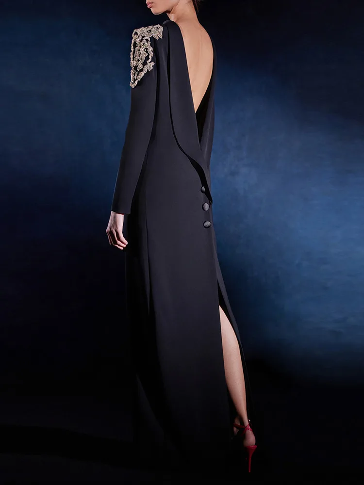 

HIGH STREET Newest Fashion 2025 Designer Party Vestido Women's Stylish Backless Diamonds Beaded Long Maxi Dress