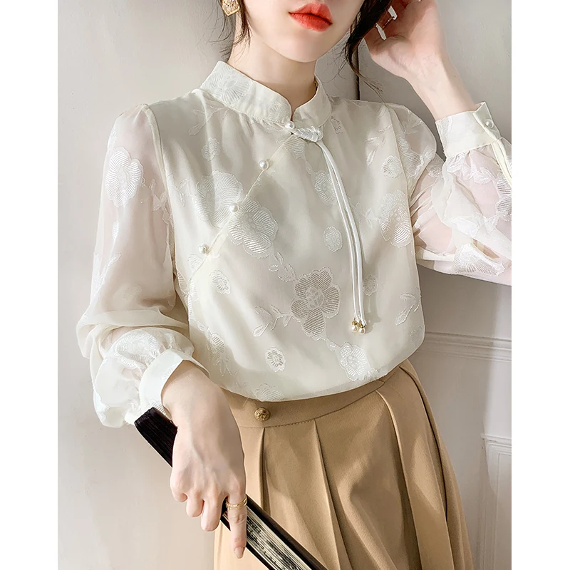 New 2024 Spring Women Shirts & Blouses Stand Collar Chinese Style Long Sleeve Chiffon Blouses Women Jacquard Elegant Top Mujer