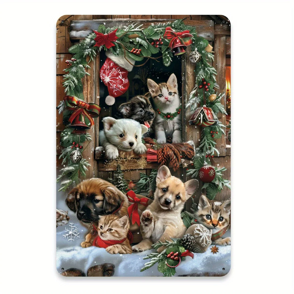 Rustic Farmhouse Vintage Puppies and Kittens Christmas Metal Tin Sign, Iron Wall Art Decor for Home and Pet Store, Holiday Seas