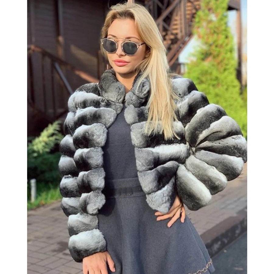 

Real Rex Rabbit Fur Jacket Women Chinchilla Fur Coats With Stand Collar Short Furs Coat Warm Winter Outerwear