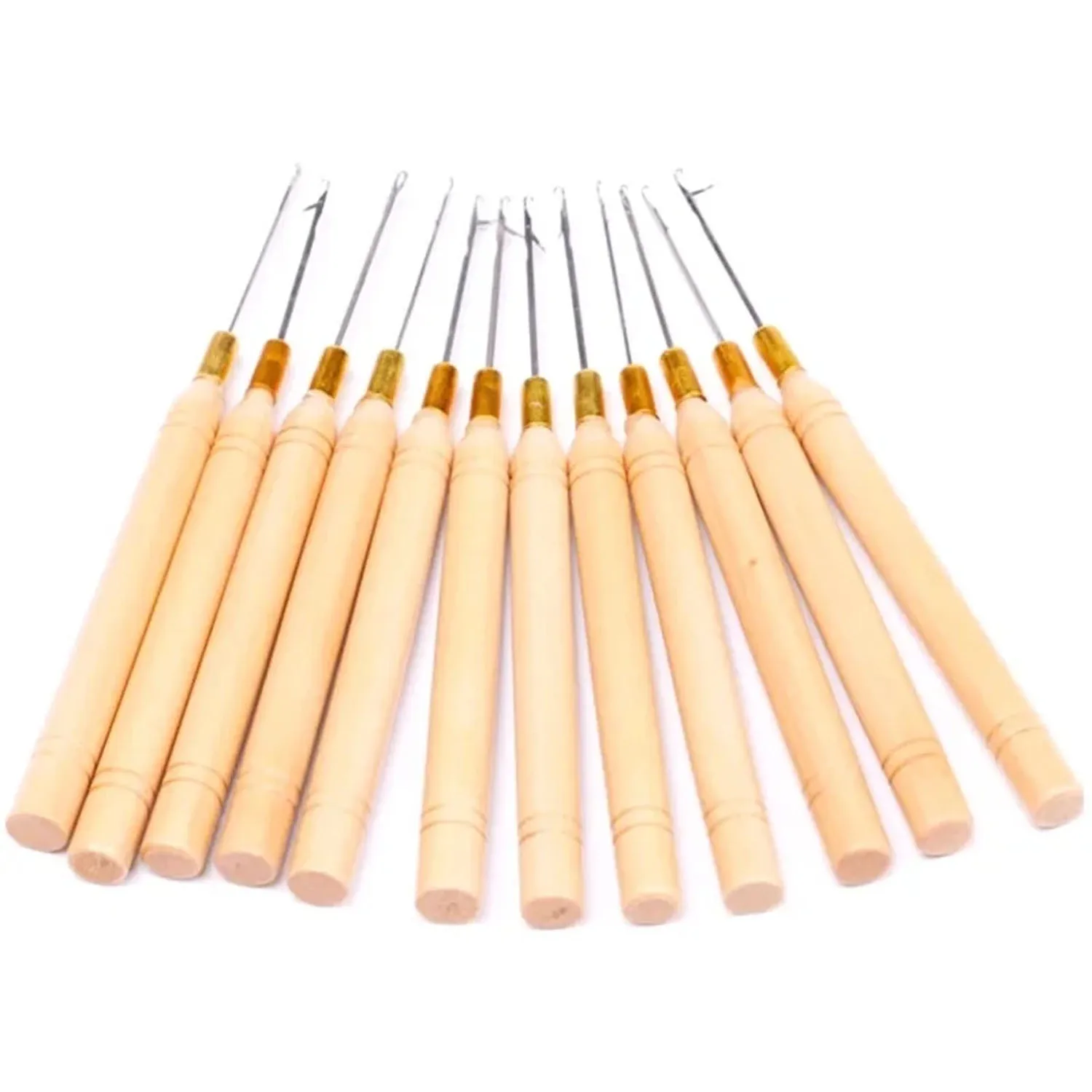 12 قطعة من غطاء خطاف كروشيه بمقبض خشبي، يستخدم لصنع باروكات الدانتيل، وصلات شعر بحلقة صغيرة وأدوات النسيج