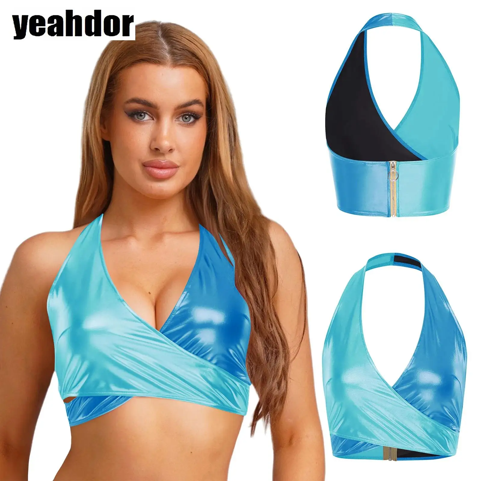 

Women Metallic Shiny 70s Disco Dance Costume Hip-hop Jazz Dance Outfit Halter Crop Tank Top Flared Bell Bottom Pants Raves Party