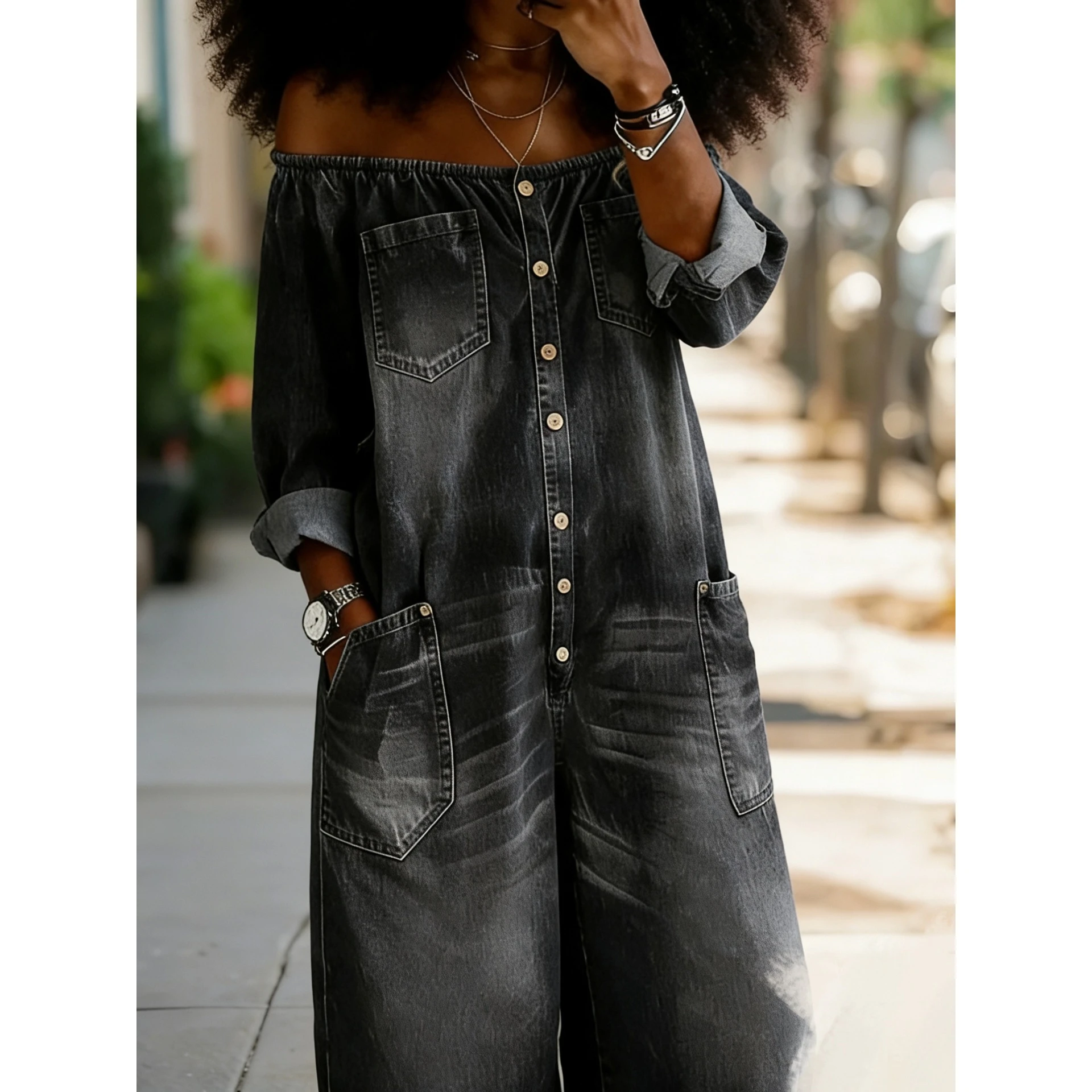 Spring 2026 Sexy Single-Button One-Shoulder Denim Jumpsuit Women's Fashionable Casual Straight Leg Jeans Overalls Polyester