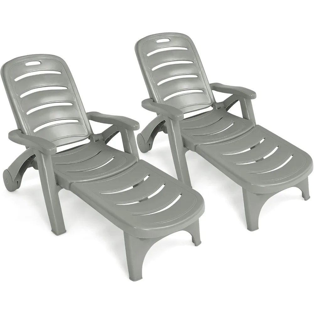 

Patio Chaise Lounge Recliner on Wheels, Folding Deck Chair with Armrests, 5 Adjustable Positions for Poolside, Yard, Garden Rol