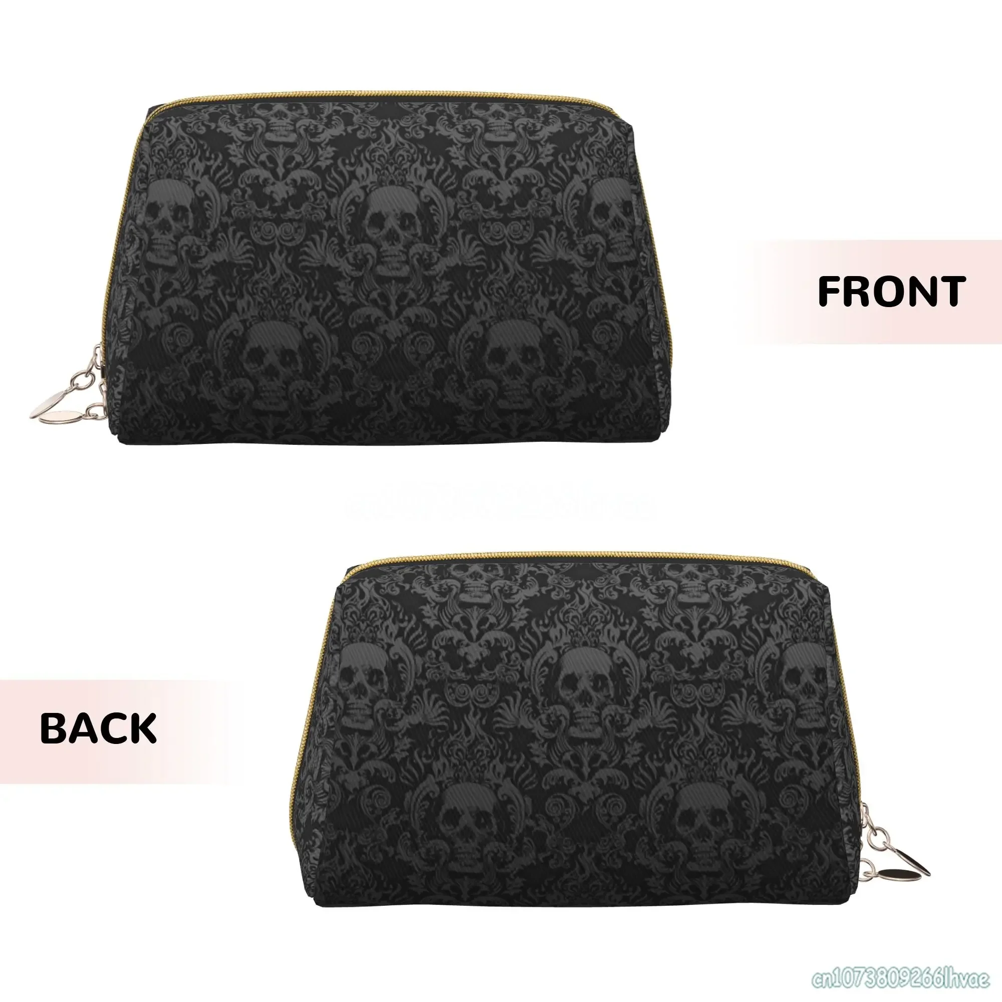 Gothic Black Skull Damask Women Leather Cosmetic Bag Large Capacity Waterproof Toiletry Bag Portable Casual Travel Makeup Bag