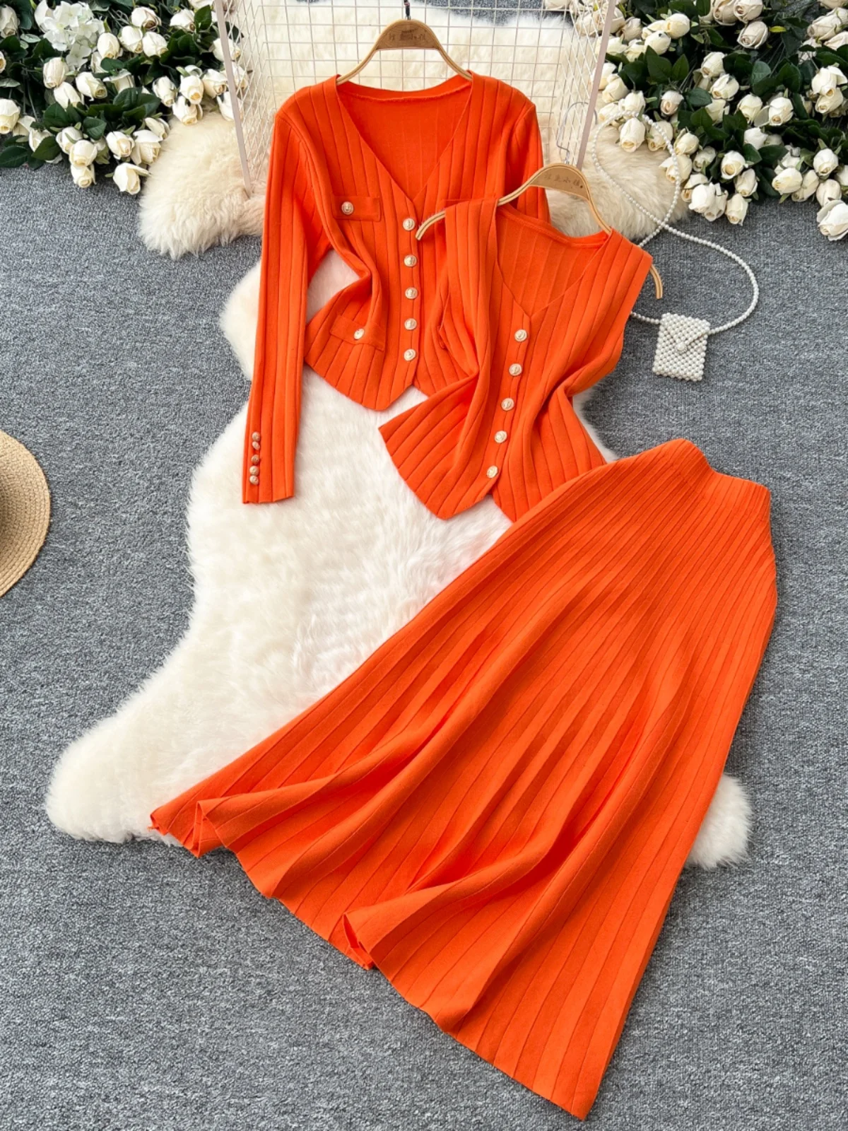 Faionable Svel Knitted Vest Metal Bule Slim Fit Long Sve Open Cardigan Skirt Women's Tee Piece Set Versatile S...