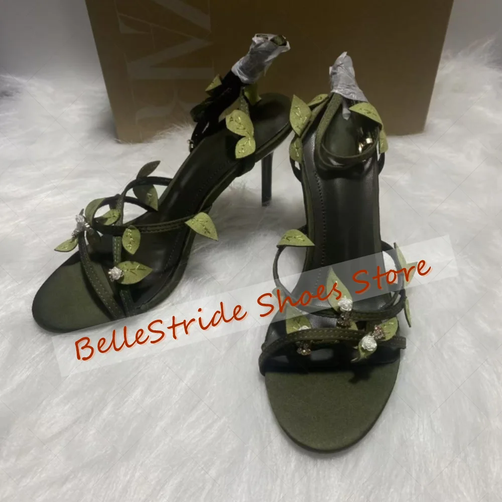 

Green Leaf Decor Round Toe Sandals Open Toe Women Shoes Stilettos High Heels Party Banquet Dating 2025 Zapatos Para Mujere