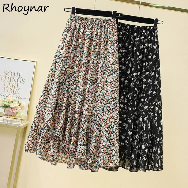 

Floral Skirts Women Korean Style Retro Elastic Waist A-line Drape Asymmetrical Leisure All-match Elegant Vacation Trendy Summer