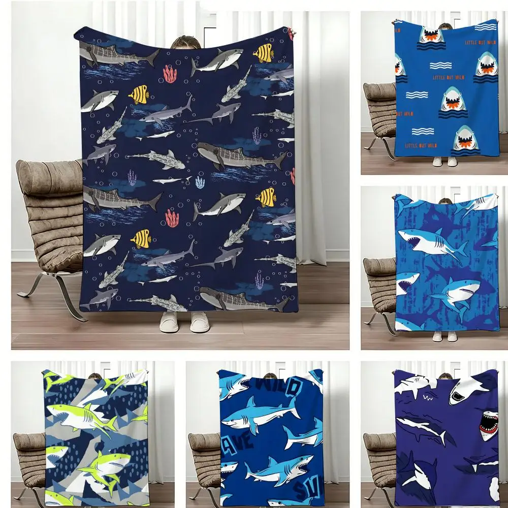 Art Illustration C-Cartoon Shark Throw Lightweight 240g Flannel Blanket Soft Skin-friendly for Summer Cooling