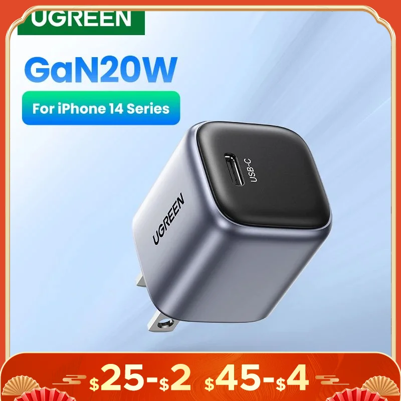 【US Plug】UGREEN 20W GaN Charger PD Fast Charger USB C PD3.0 QC3.0 Quick Charging For iPhone 15 14 Pro Samsung Xiaomi USB Charger