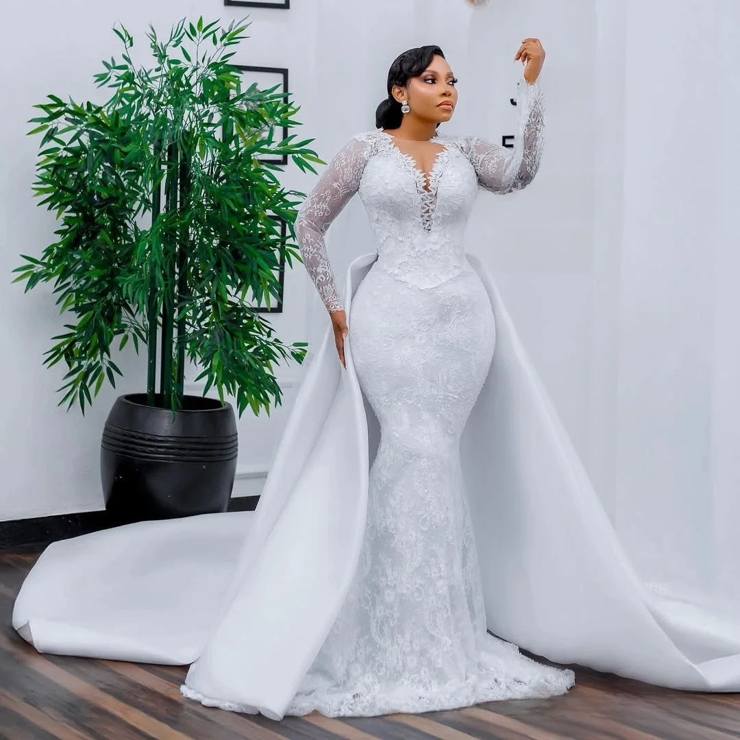 

Customized African Lace Beads Modest Wedding Dress with Removable Skirt Robe De Marriage Vintage Lace Long Sleeves Bridal Gown