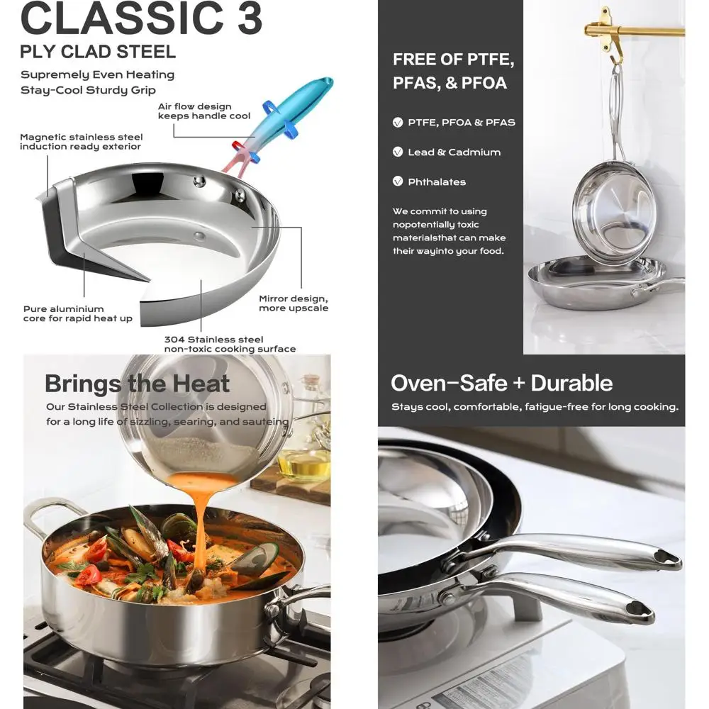 

12-Inch Large Capacity Stainless Steel Fry Pan with Lid, 5.5 QT Tri-Ply, PFOA/PTFE-Free, Induction-Ready, Dishwasher & Oven Safe