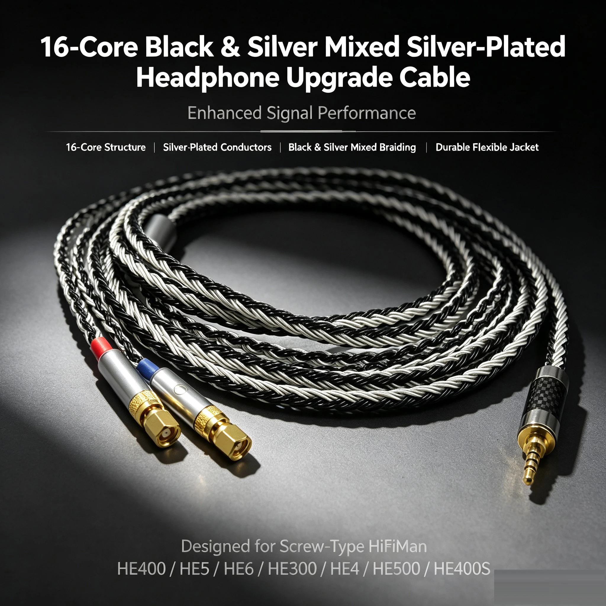 16 コア黒白混合ヘッドフォンアップグレード交換ケーブル (ネジ式) HiFiMan HE400 HE5 HE6 HE300 HE4 HE500 HE6 HE400S 用