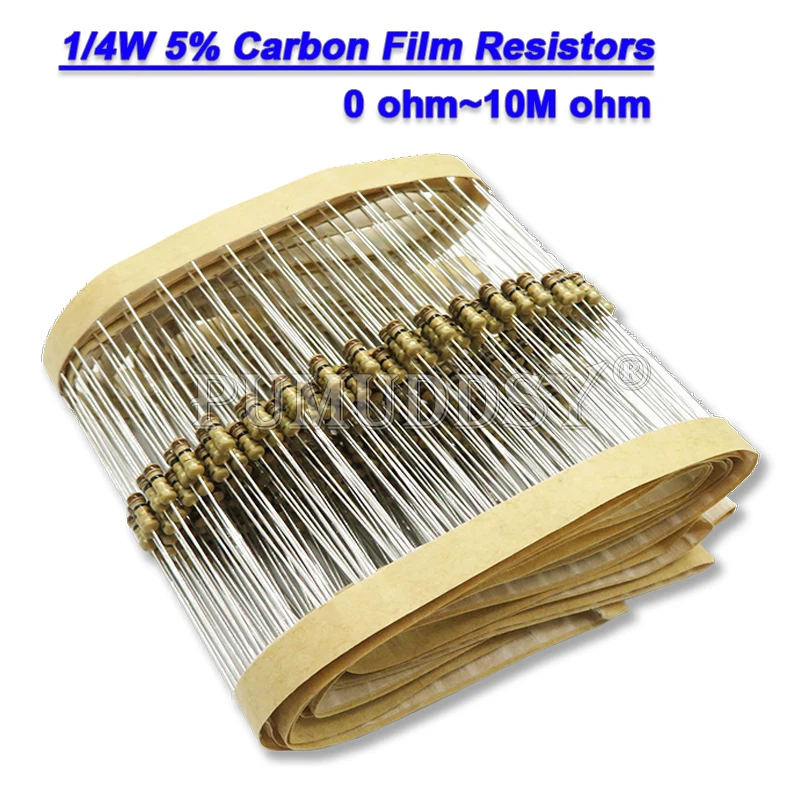 100PCS 1/4W Carbon Film Resistors 5% 1R-10M 1K 10K 4K7 100K 560K 1M 3M3 Ohm Color Ring Resistance 10R 47R 100R 220R