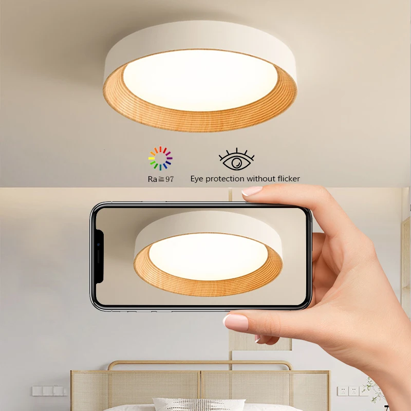 الحديثة مصباح السقف المستديرة الخشب الحبوب الملمس LED ثلاثي الألوان يعتم ثريا تركب بالسقف الممر غرفة الدراسة غرفة المعيشة المنزلي ديكور #4