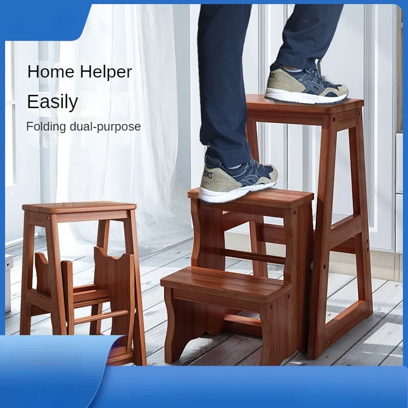 Thickened and Heightened Two-step Folding Solid Wood Ladder Stool Three-step Household Indoor Multi-functional Climbing Ladder