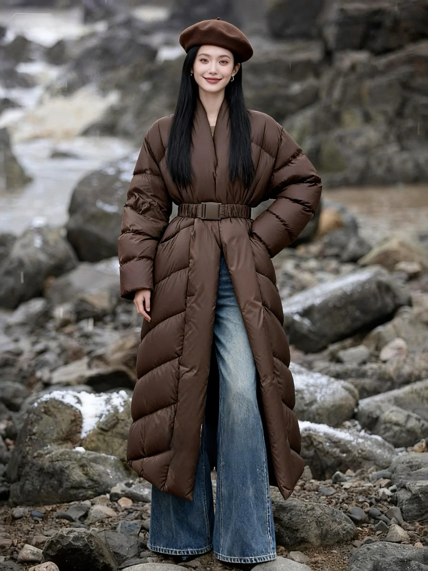 

Сверхлегкое теплое ветрозащитное 90-белое длинное пальто на ду-пуху с 3D-дизайном, водонепроницаемая нейлоновая женская зимняя верхняя одежда