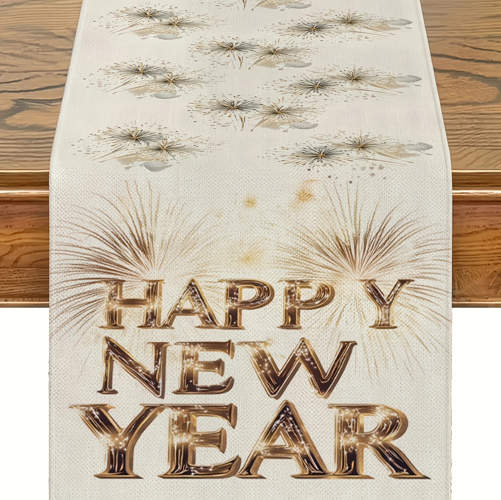 Happy New Year Table Runner Elegant Golden Fireworks & Confetti Design Holiday Table Decor for Kitchen Dining Room Party Festive