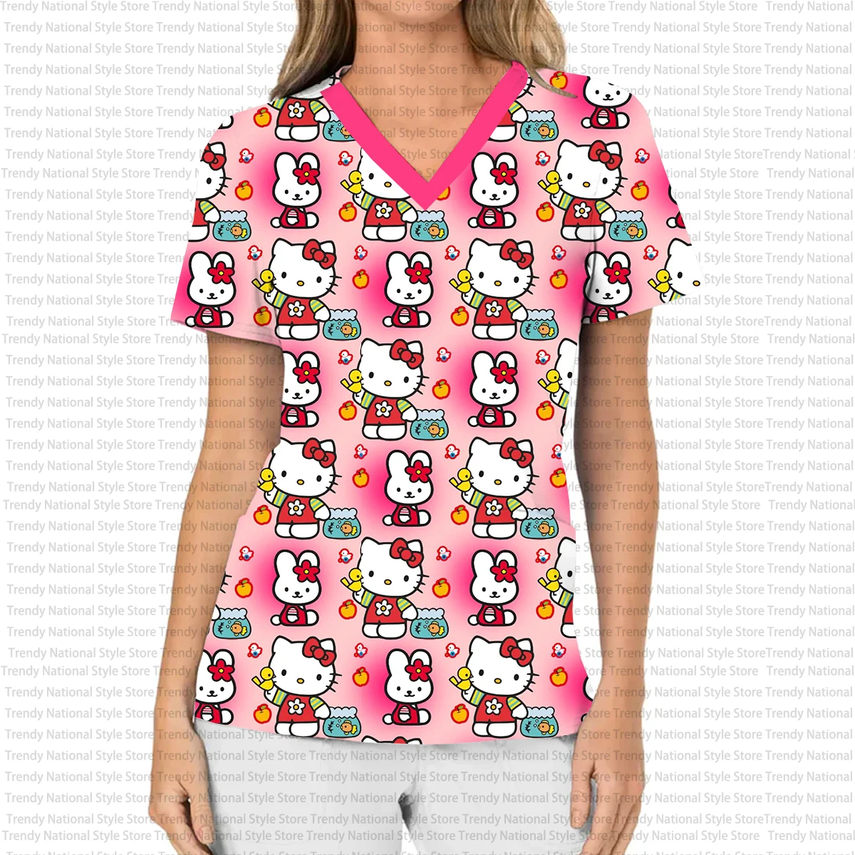 夏の新作レディースポケットフロストTシャツハローキティプリント歯科医美容ペットショップ作業服シンプルスタイル誕生日プレゼント