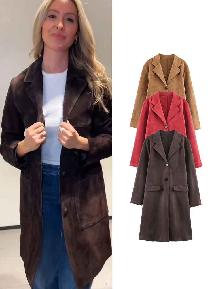 

TFMLN New Women Retro Suede Trench Coat Winter Fashion Single Breasted Long Sleeve Jacket Commuting Style Female Long Coats