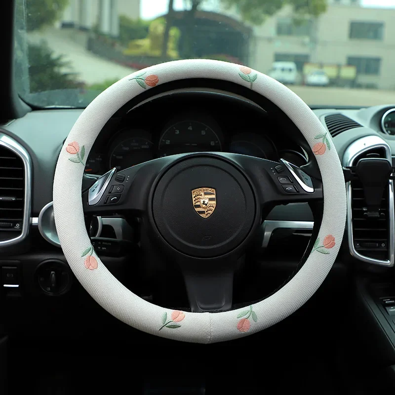 Embroidered Tulip Flower Car Steering Wheel Cover Anti-slip Wear-resistant and Sweat-absorbent Car Accessories