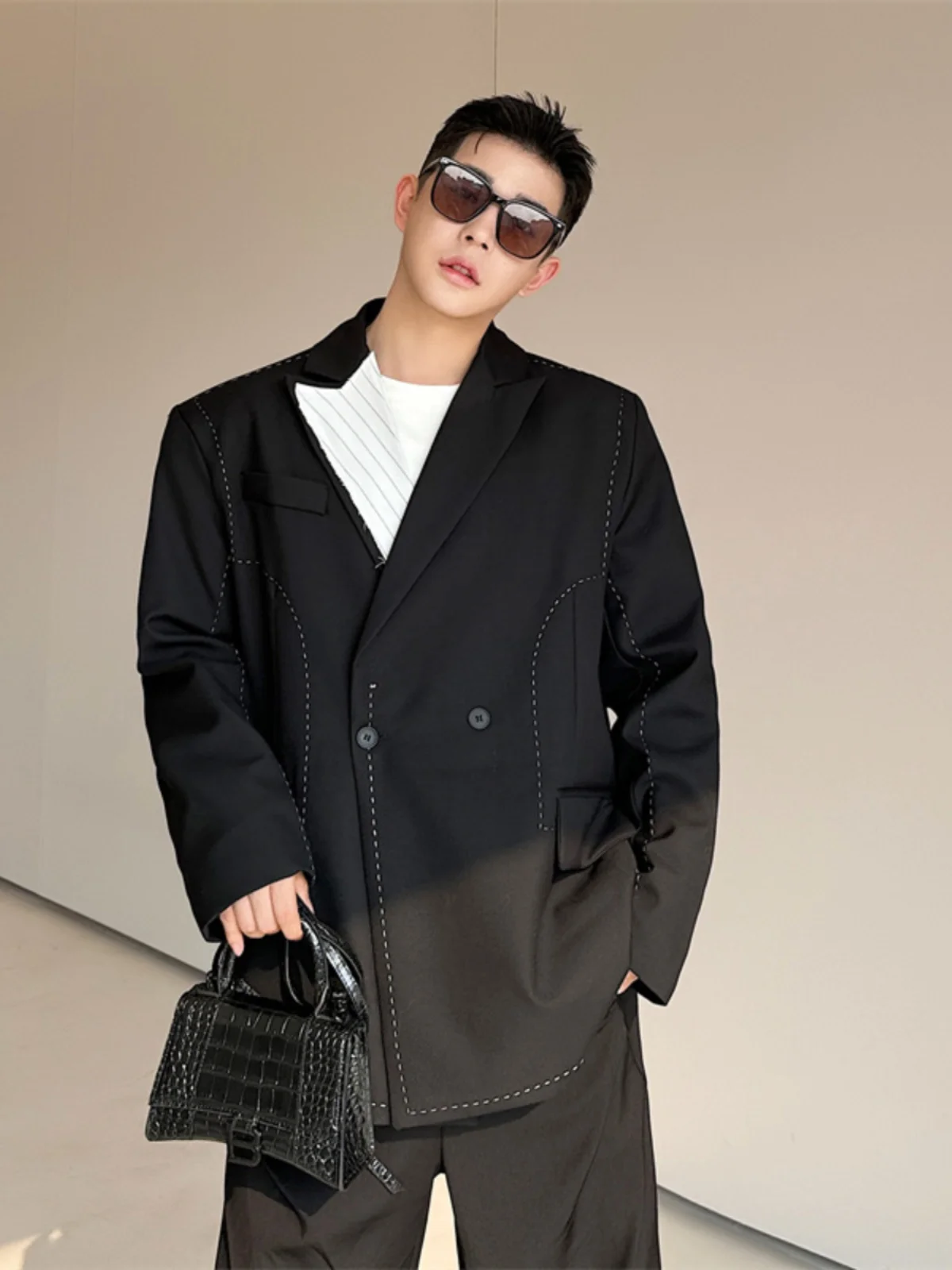 

Мужской костюм Bla с вышивкой, свободный крой, в стиле колор-блок, с воротником, весна-осень, повседневный, с длинным рукавом, приталенный, молодежный стиль