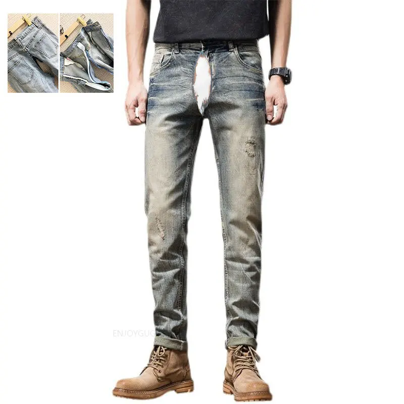 Retro Worn Jeans Invisible Open-Seat Pants Outdoor Sex Convenient Ripped Slim Fit Skinny Pants Men\'s Fashion Denim Trousers Men